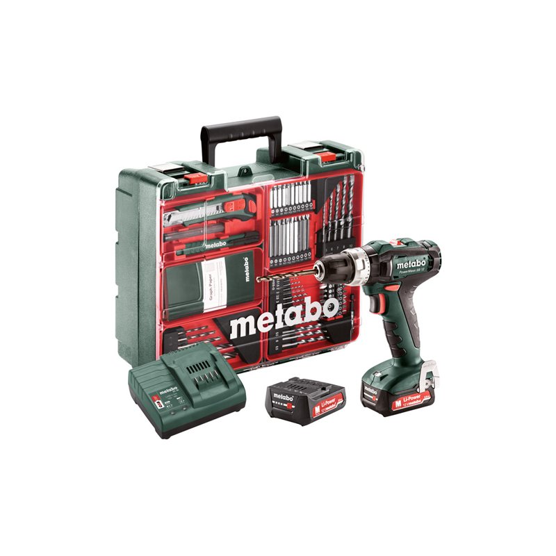 PowerMaxx SB 12 Mobilny Warsztat z ładowarką SC 30 + 2 akumulatory Li-Ion 12 V / 2,0 Ah + 63 szt. osprzętu Metabo