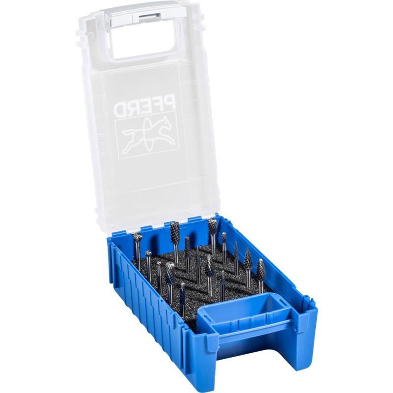 PFERD  Zestaw małych trzp. frez. 1503 ze stopów twardych 15-częściowy z uzębieniem 3 PLUS Ø 6/4/3 mm Ø trzp. 3 mm, uniw. Śred. z