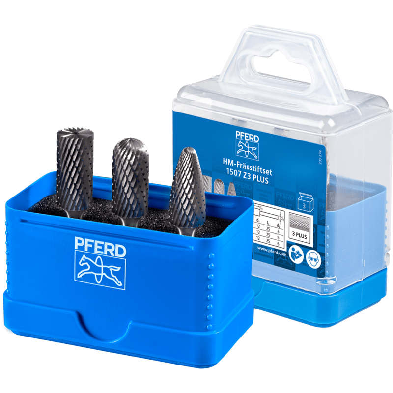 PFERD  Zestaw trzp. frezarskich 1507 ze stopów twardych 3-częściowy z uzębieniem 3 PLUS Ø 12mm, Ø trzp. 6mm uniw. średnie z uzęb