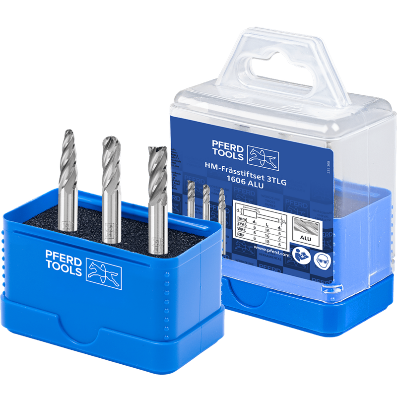 PFERD  Zestaw wysokowydajnych trzpieni frezarskich 1606 ze stopów twardych ALU 3-częściowy Ø6mm, Øtrzonka 6mm, do aluminium / me