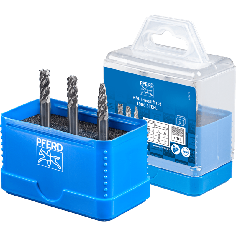 PFERD  Zestaw wysokowydajnych trzpieni frezarskich ze stopów twardych 1806 STEEL, 3-częściowy Ø 6 mm, trzonek Ø 6 mm, do stali