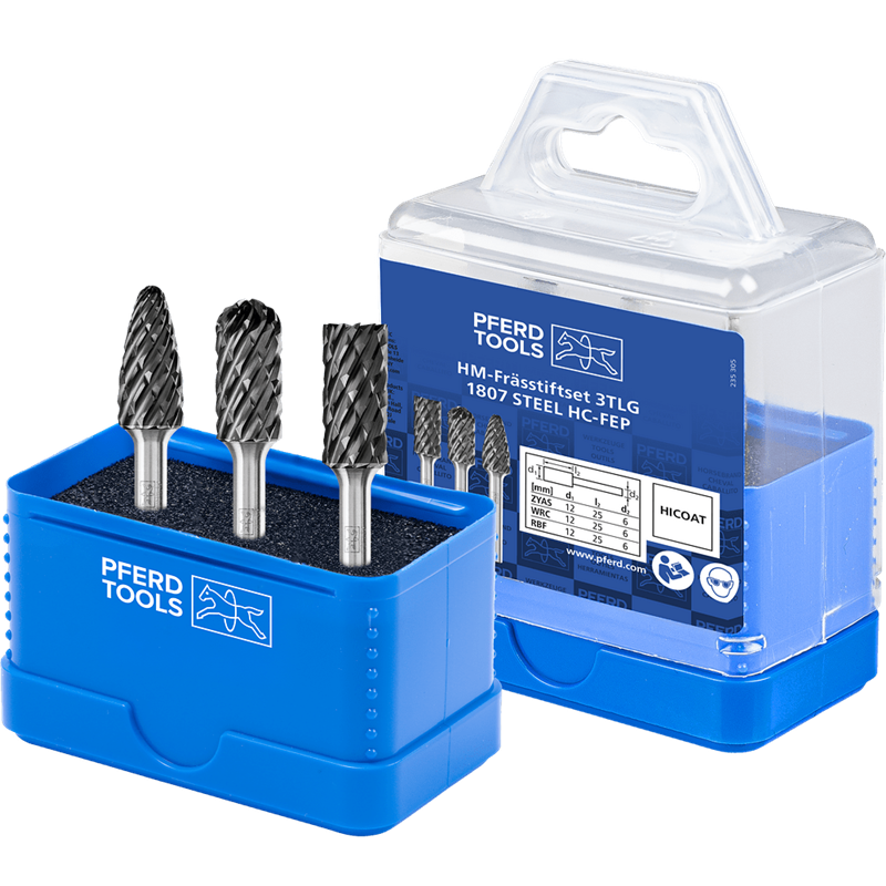 PFERD  Zestaw wysokowydajnych trzpieni frezarskich ze stopów twardych 1807 STEEL 3-częściowy Ø 12 mm, Ø trzonka 6 mm, powłoka HI