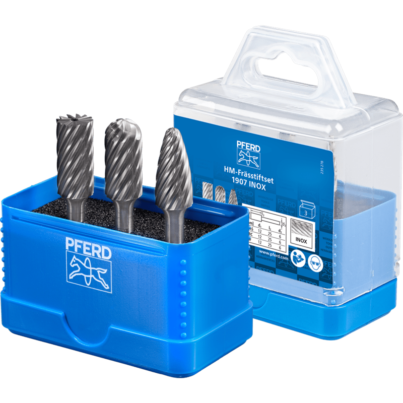 PFERD  Zestaw wysokowydajnych trzpieni frezarskich ze stopów twardych 1907 INOX 3-częściowy Ø 12 mm, trzonek Ø 6 mm, do stali ni