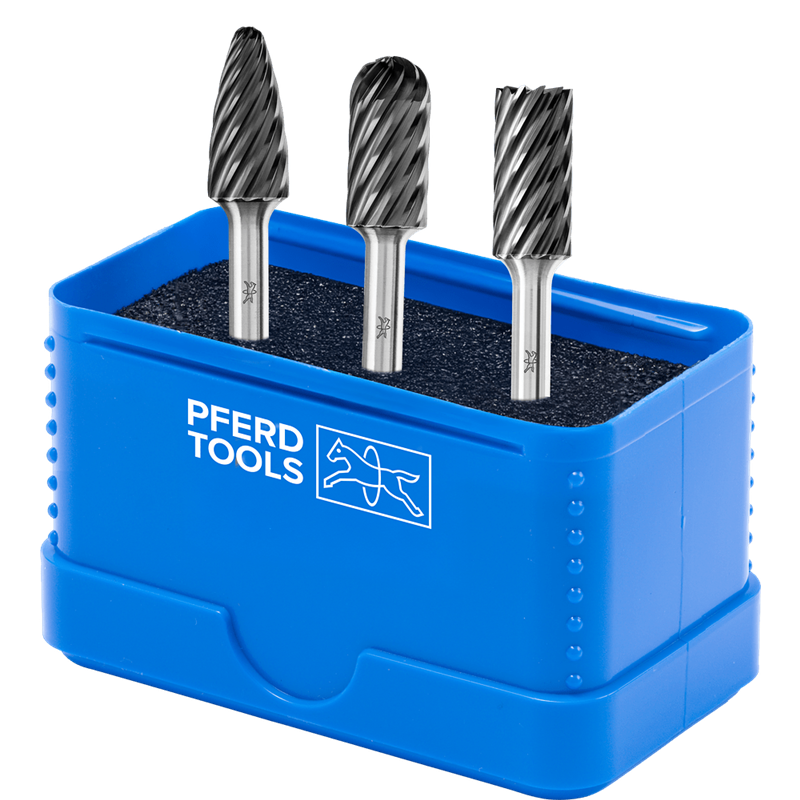 PFERD  Zestaw wysokowydajnych trzpieni frezarskich ze stopów twardych 1907 INOX 3-częściowy Ø12mm,Øtrz. 6mm,powłoka HICOAT,do st