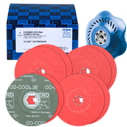 PFERD  Zestaw tarcz fibrowych COMBICLICK z ziarnem ceramicznym Ø 125mm CO-COOL 36, 60, 80, 120 z talerzem podporowym CC-H-GT do 
