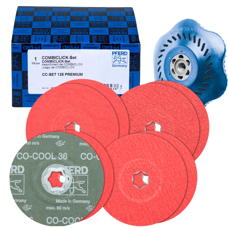 PFERD  Zestaw tarcz fibrowych COMBICLICK z ziarnem ceramicznym Ø 125mm CO-COOL 36, 60, 80, 120 z talerzem podporowym CC-H-GT do 