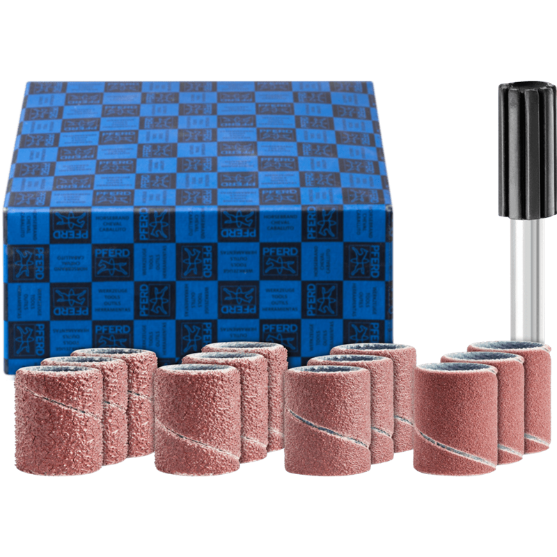 PFERD  Zestaw opasek ściernych 13-częściowy Korund Ø10 x 20 mm A60,80,150,240 z uchwytem trzpień Ø6 mm