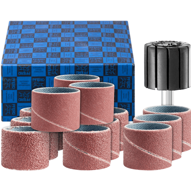 PFERD  Zestaw opasek ściernych 13-częściowy Korund Ø 22 x 20 mm A60,80,150,240 z uchwytem trzpień Ø 6 mm