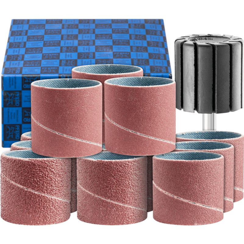 PFERD  Zestaw opasek ściernych 13-częściowy Korund Ø30 x 30 mm A40,60,80,150 z uchwytem trzpień Ø6 mm