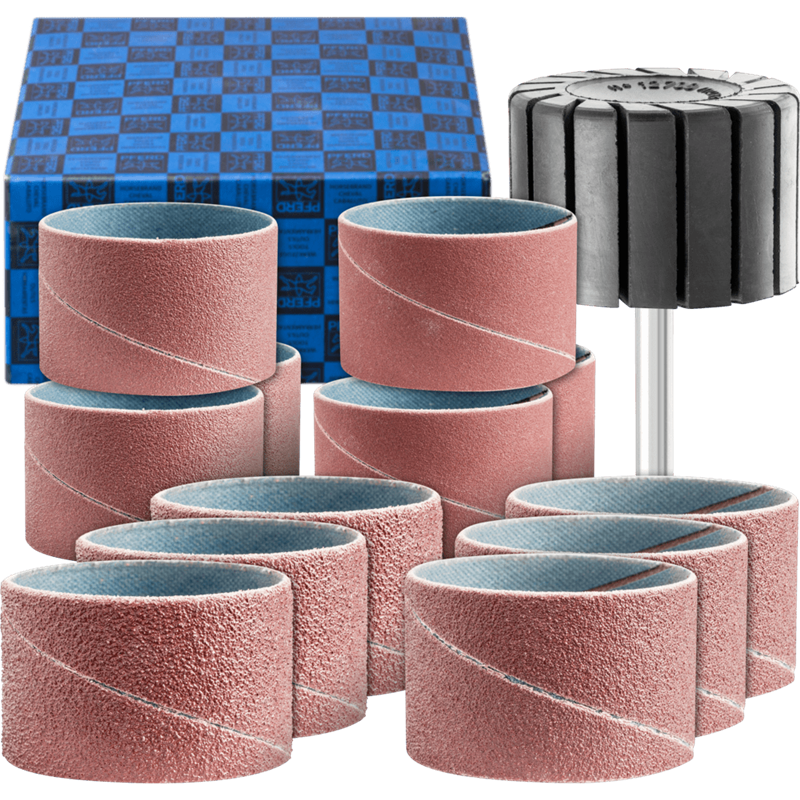 PFERD  Zestaw opasek ściernych 13-częściowy Korund Ø 45 x 30 mm A40,60,80,150 z uchwytem trzpień Ø 6 mm
