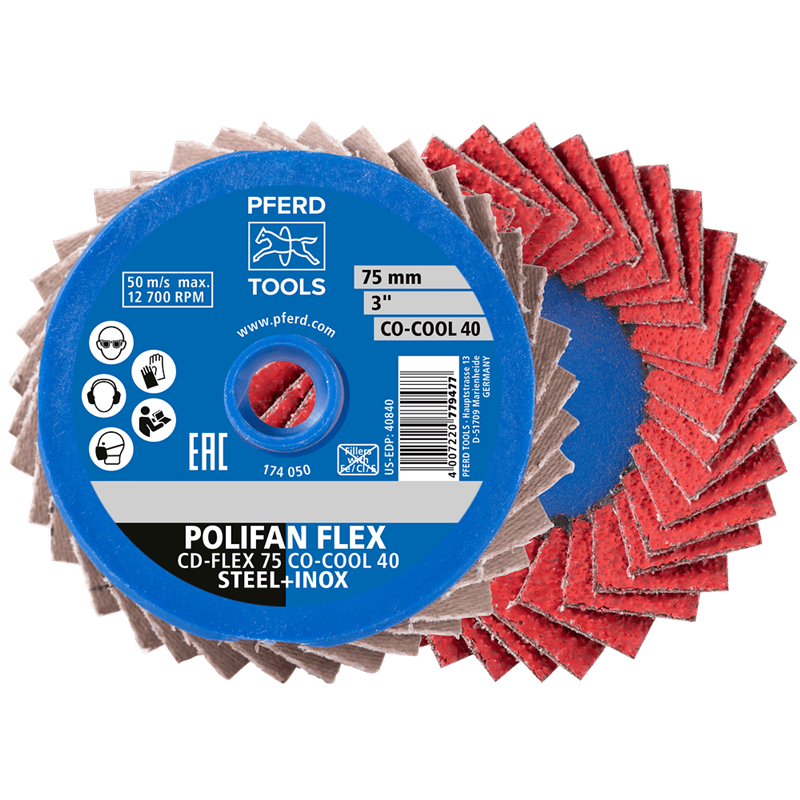 PFERD  COMBIDISC Mini-POLIFAN elastyczny z ziarnem ceramicznym CD Ø 75 mm CO-COOL60 do stali i stali szlachetnej