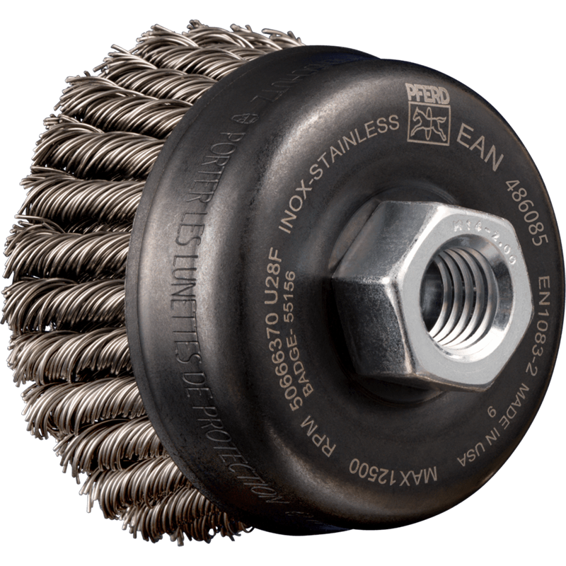 PFERD  Szczotka garnkowa POS 2-rzędowa pleciona TBG HD Ø 65 mm M14, drut ze stali szlachetnej Ø 0,50 mm, do szlifierki kątowej