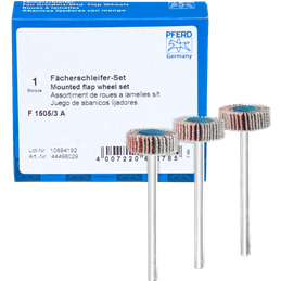 PFERD  Zestaw ściernic wachlarzowych Korund Ø 15 x 5 mm trzpień – Ø 3 mm A 80,120 i 180 do szlifu dokładnego i wykończeniowego