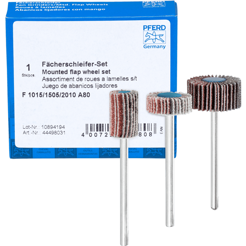 PFERD  Zestaw ściernic wachlarzowych Korund A 80 Ø 10 x 15 mm, Ø 15 x 5 mm i Ø 20 x 10 mm trzpień – Ø 3 mm do szlifu dokładnego 