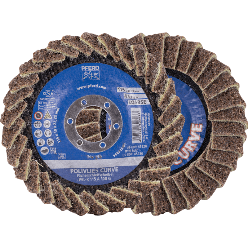 PFERD  Tarcza lamelowa POLIVLIES-CURVE PVL-R, korund, Ø 115 mm, otwór 22,23 mm A100G, do szlifu dokładnego o najwyższej wydajnoś
