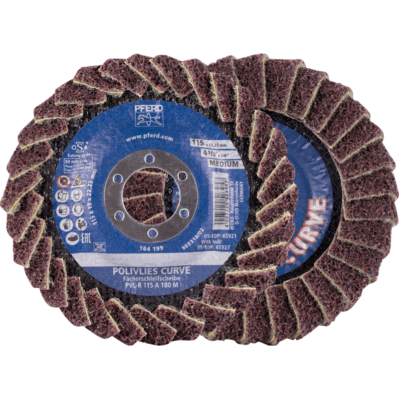 PFERD  Tarcza lamelowa POLIVLIES-CURVE PVL-R, korund, Ø 115 mm, otwór 22,23 mm A180M, do szlifu dokładnego o najwyższej wydajnoś