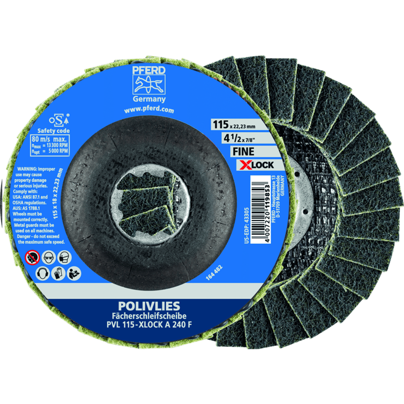 PFERD  Ściernica włókninowa POLIVLIES PVL Korund Ø115 mm otwór 22,23 mm / X-LOCK A240F do szlifu dokładnego