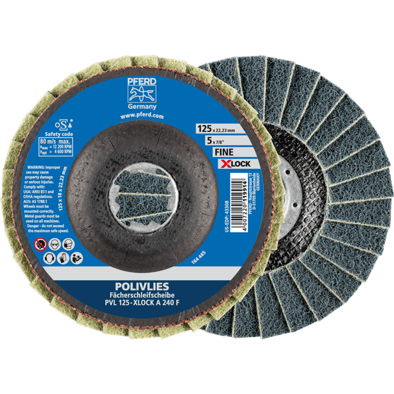 PFERD  Ściernica włókninowa POLIVLIES PVL Korund Ø 125 mm otwór 22,23 mm / X-LOCK A240F do szlifu dokładnego