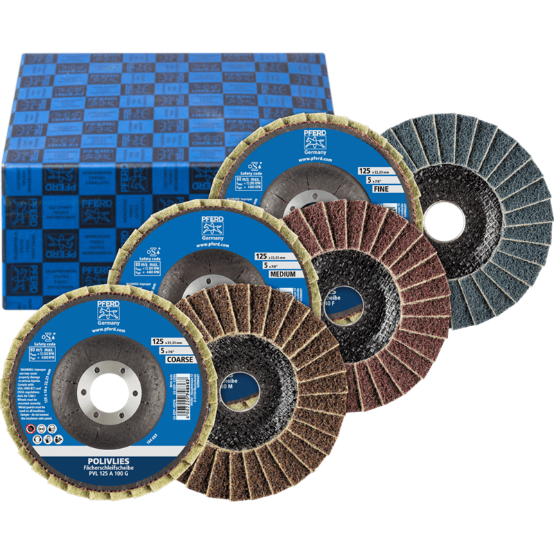 PFERD  Zestaw ściernic listkowych POLIVLIES PVL 3-częściowy Korund Ø 125 mm otwór Ø 22,23 mm A100,180,280
