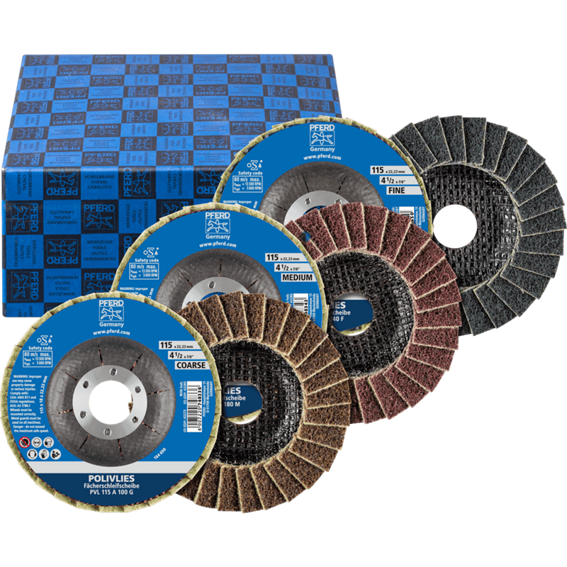 PFERD  Zestaw ściernic listkowych POLIVLIES PVL Korund Ø 115 mm otwór Ø 22,23 mm A100,180,280