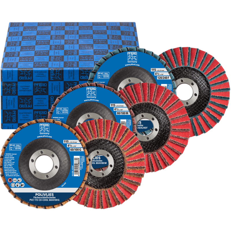 PFERD  Zestaw ściernic listkowych POLIVLIES PVZ Ceramika Ø 115 mm otwór Ø 22,23 mm CO-COOL60/G,80/M,120/F