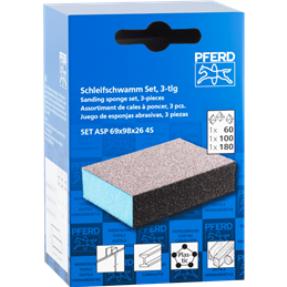 PFERD  Zestaw – wodoodporna gąbka szlifierska 69 x 98 x 26 mm A60, A100, A180, czterostronna, do uniwersalnego zastosowania