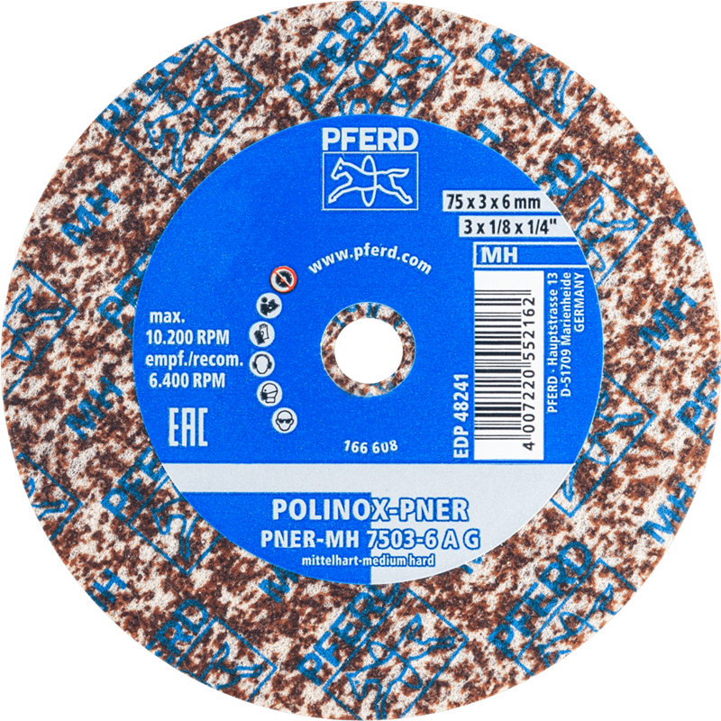 PFERD  Dysk z włókniny prasowanej POLINOX PNER Ø 75 x 3 mm do otworu o średnicy 6 mm, średnio twardy A gruboziarnisty do wykańcz