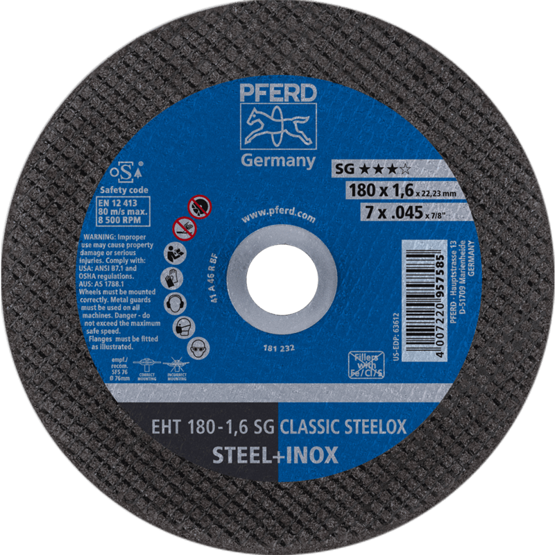 PFERD  Ściernica tarczowa do cięcia EHT 180 x 1,6 x 22,23 mm prosta linia wydajna SG CLASSIC STEELOX do stali/stali szlachetnej