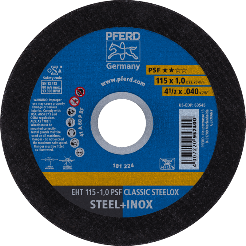 PFERD  Ściernica tarczowa do cięcia EHT 115 x 1,0 x 22,23 mm prosta linia uniwersalna PSF CLASSIC STEELOX do stali/stali szlache