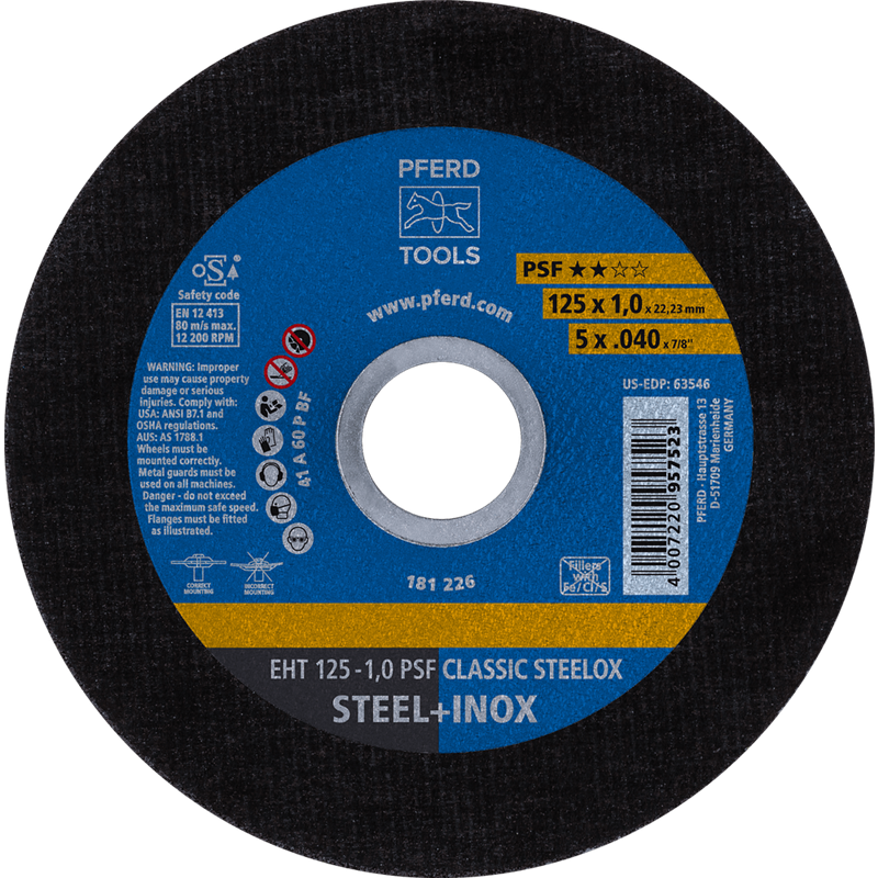 PFERD  Ściernica tarczowa do cięcia EHT 125 x 1,0 x 22,23 mm prosta linia uniwersalna PSF CLASSIC STEELOX do stali/stali szlache