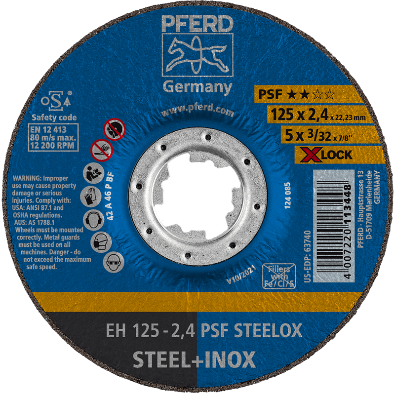 PFERD  Ściernica tarczowa do cięcia EH 125 x 2,4 mm X-LOCK odgięta linia uniwersalna PSF STEELOX do stali/stali szlachetnej