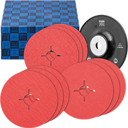 PFERD  Zestaw tarcz włókninowych, 10-częściowy, ziarno ceramiczne, Ø125 mm, CO-COOL 36, 60, 80, z talerzem wsporczym HGT, stal n