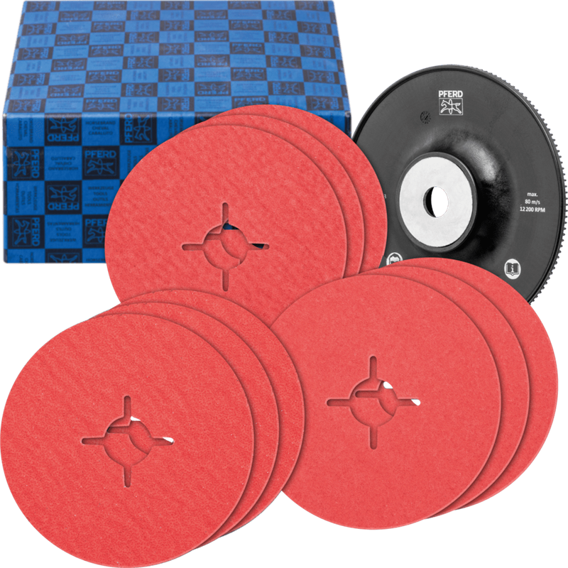 PFERD  Zestaw tarcz włókninowych, 10-częściowy, ziarno ceramiczne, Ø125 mm, CO-COOL 36, 60, 80, z talerzem wsporczym HGT, stal n