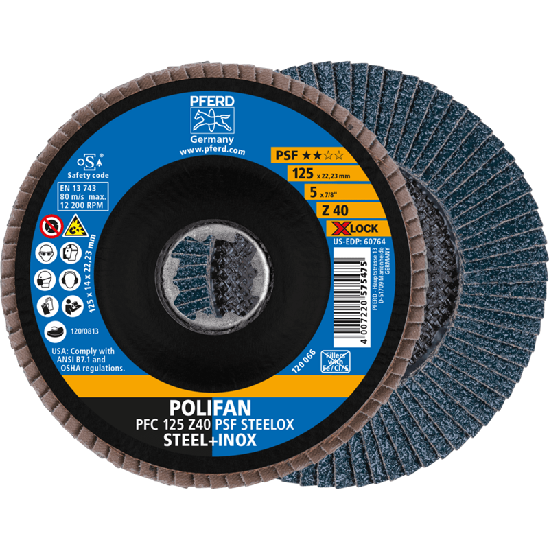 PFERD  Ściernica listkowa POLIFAN PFC 125 mm X-LOCK stożkowa Z40 linia uniwersalna PSF STEELOX stal/stal nierdzewna