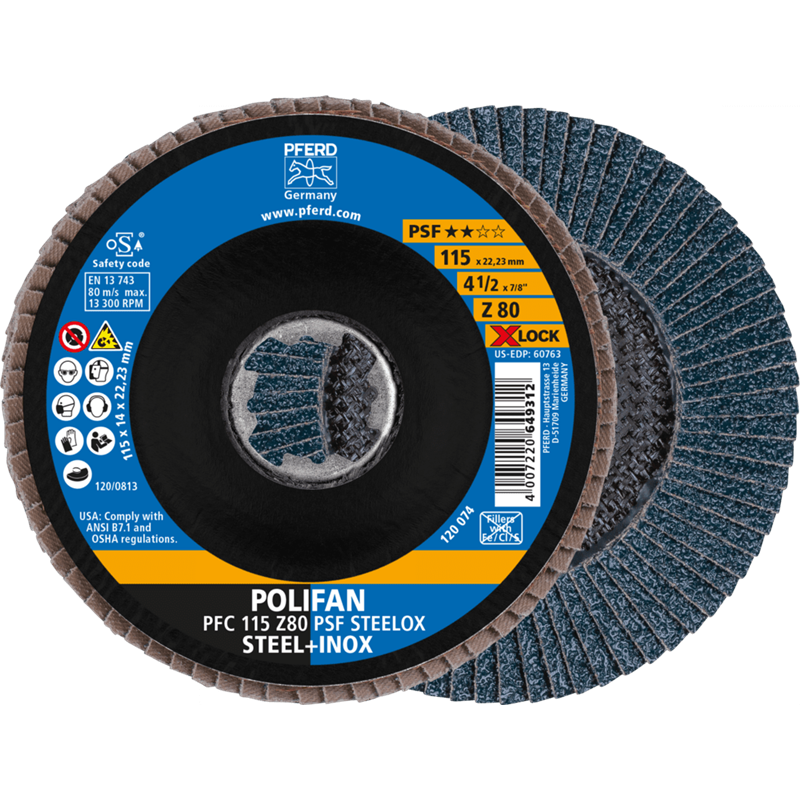 PFERD  Ściernica listkowa POLIFAN PFC 115 mm X-LOCK stożkowa Z80 linia uniwersalna PSF STEELOX stal/stal nierdzewna