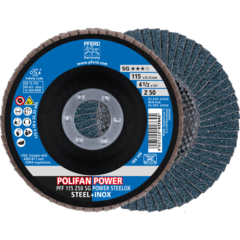 PFERD  Ściernica listkowa POLIFAN POWER PFF 115 x 22,23 mm płaska Z50 linia wydajna SG STEELOX do stali/stali szlachetnej