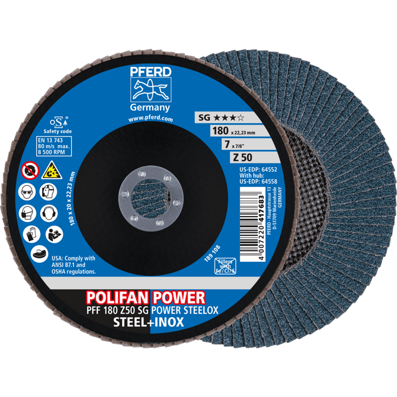 PFERD  Ściernica listkowa POLIFAN POWER PFF 180 x 22,23 mm płaska Z50 linia wydajna SG STEELOX do stali/stali szlachetnej