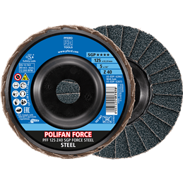 PFERD  Ściernica listkowa POLIFAN FORCE PFF 125 x 22,23 mm, płaska Z40, linia specjalna SGP STEEL do stali