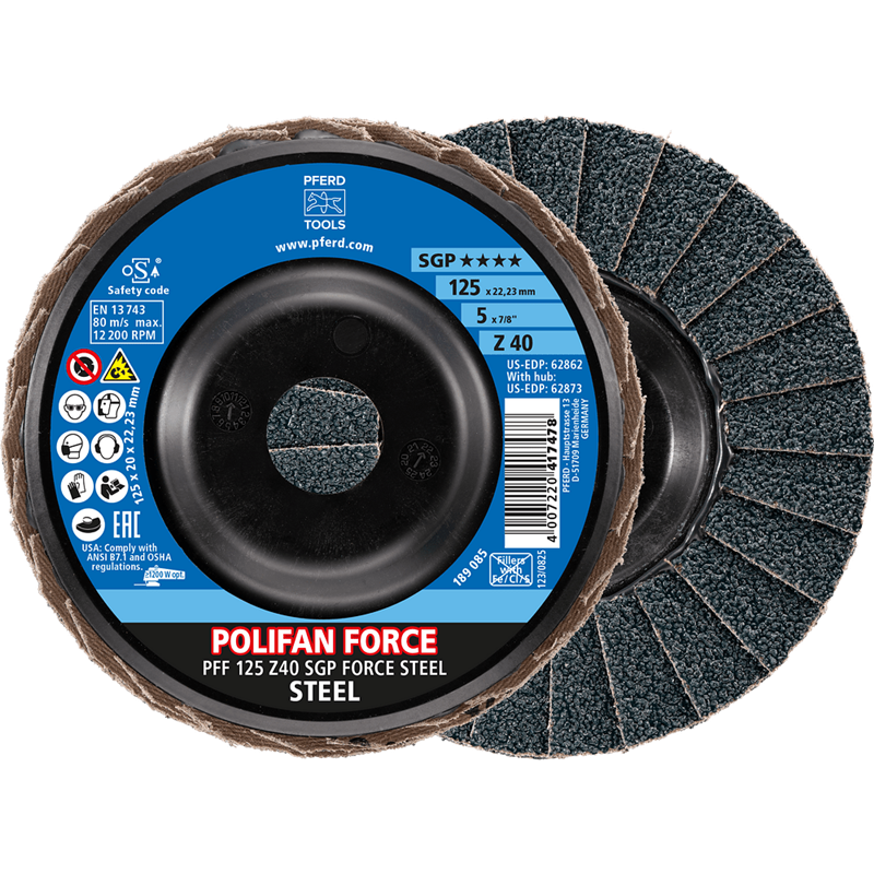 PFERD  Ściernica listkowa POLIFAN FORCE PFF 125 x 22,23 mm, płaska Z40, linia specjalna SGP STEEL do stali
