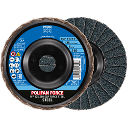 PFERD  Ściernica listkowa POLIFAN FORCE PFF 125 x 22,23 mm, płaska Z60, linia specjalna SGP STEEL do stali