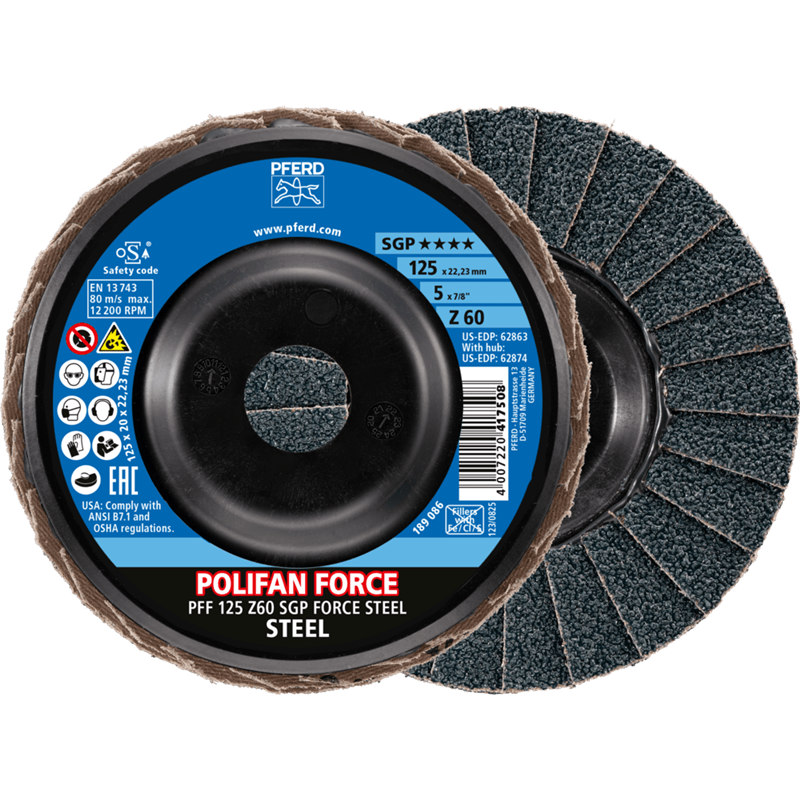 PFERD  Ściernica listkowa POLIFAN FORCE PFF 125 x 22,23 mm, płaska Z60, linia specjalna SGP STEEL do stali