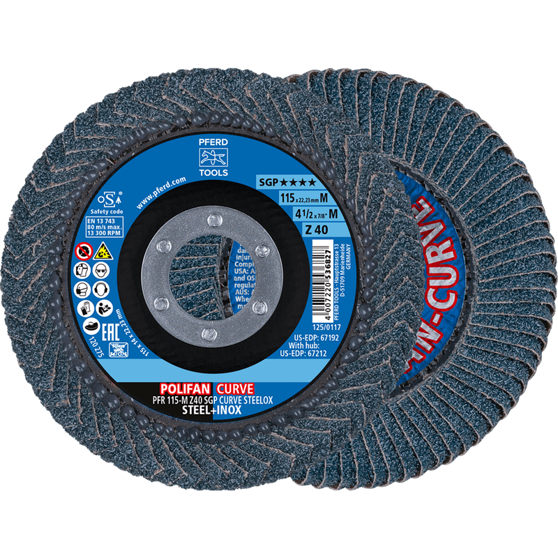 PFERD  Ściernica listkowa POLIFAN CURVE PFR 115 x 22,23 mm, szerokość M, Z40 SGP STEELOX, do stali / stali szlachetnej (POS 2)