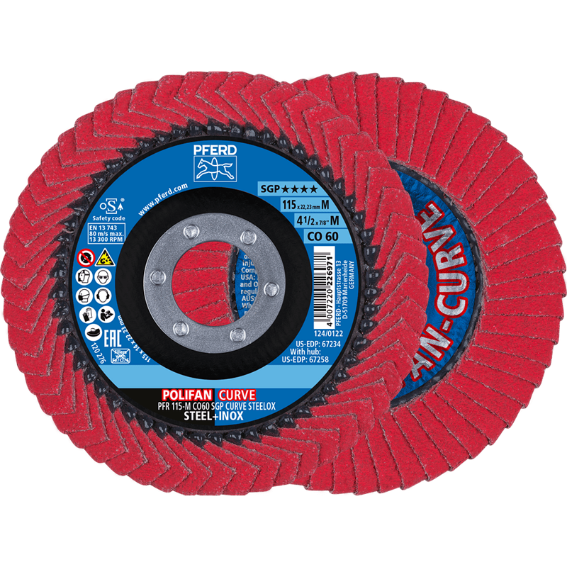 PFERD  Ściernica listkowa POLIFAN CURVE PFR 115 x 22,23 mm, szerokość M, CO60 SGP STEELOX, do stali / stali szlachetnej (POS 2)