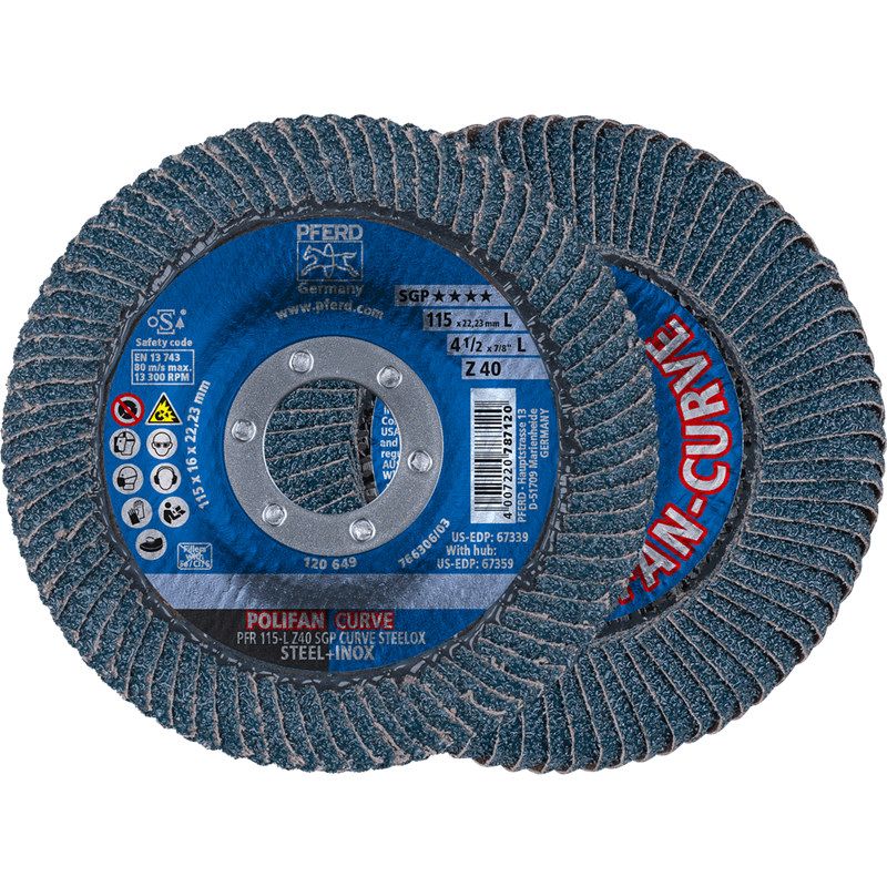 PFERD  Ściernica listkowa POLIFAN CURVE PFR 115 x 22,23 mm, szerokość L, Z40 SGP STEELOX, do stali / stali szlachetnej (POS 2)