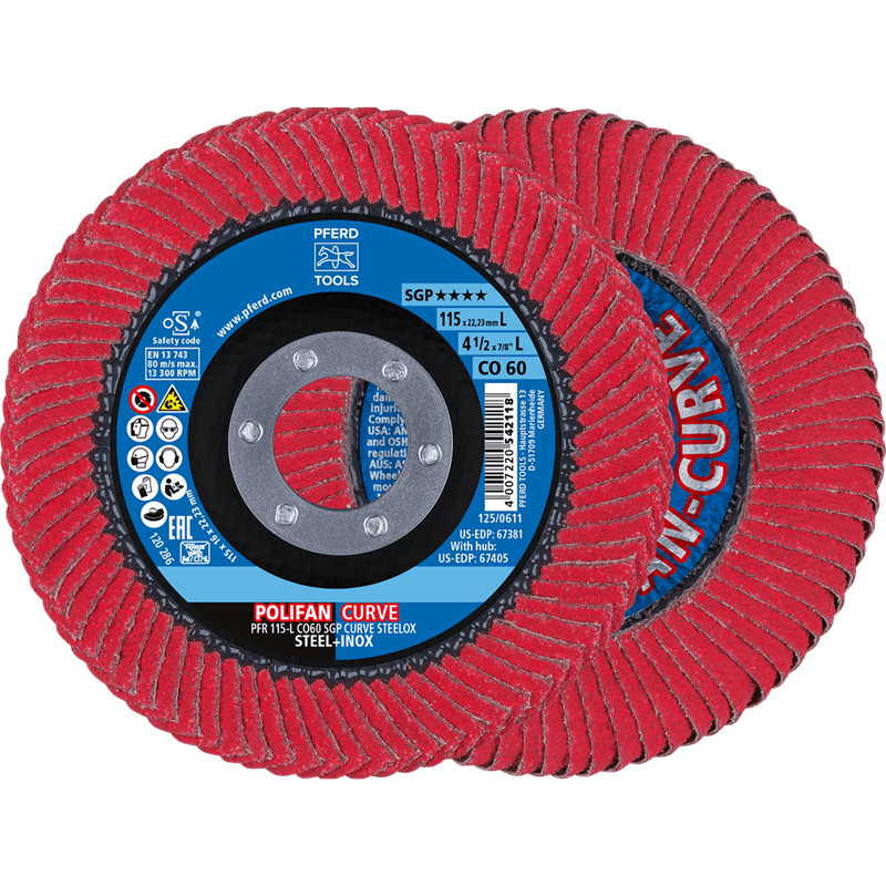 PFERD  Ściernica listkowa POLIFAN CURVE PFR 115 x 22,23 mm, szerokość L, CO60 SGP STEELOX, do stali / stali szlachetnej (POS 2)