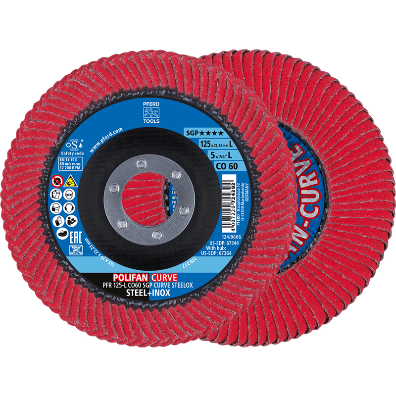 PFERD  Ściernica listkowa POLIFAN CURVE PFR 125 x 22,23 mm, szerokość L, CO60 SGP STEELOX, do stali / stali szlachetnej (POS 2)