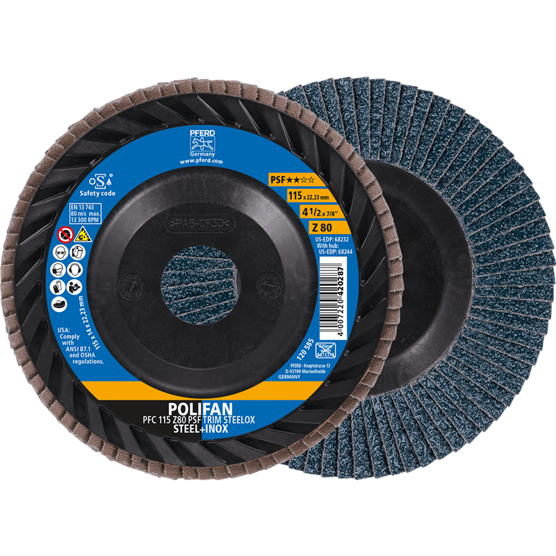 PFERD  Ściernica listkowa POLIFAN PFC 115 x 22,23 mm stożkowa Z80 linia uniwersalna PSF TRIM STEELOX do stali/stali szlachetnej