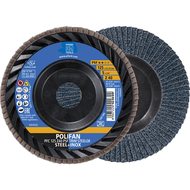 PFERD  Ściernica listkowa POLIFAN PFC 125 x 22,23 mm stożkowa Z40 linia uniwersalna PSF TRIM STEELOX do stali/stali szlachetnej