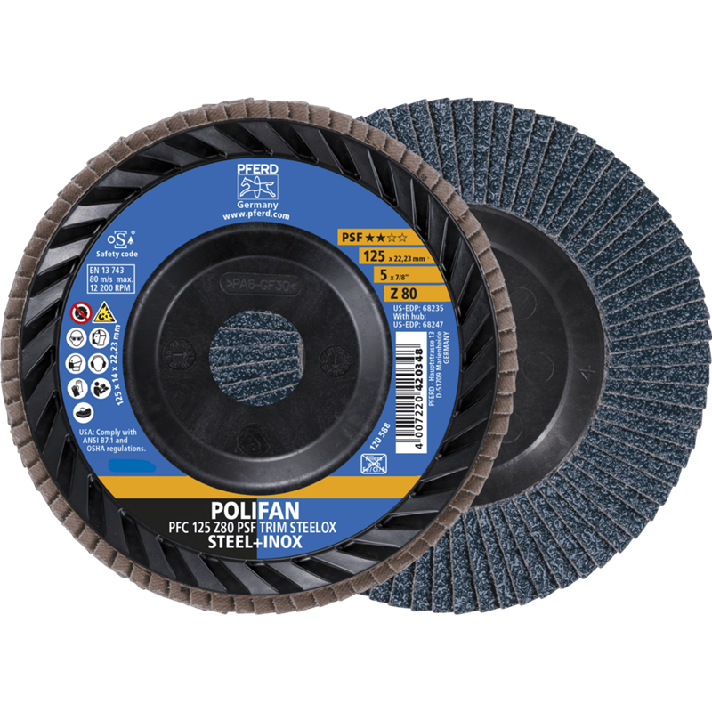 PFERD  Ściernica listkowa POLIFAN PFC 125 x 22,23 mm stożkowa Z80 linia uniwersalna PSF TRIM STEELOX do stali/stali szlachetnej