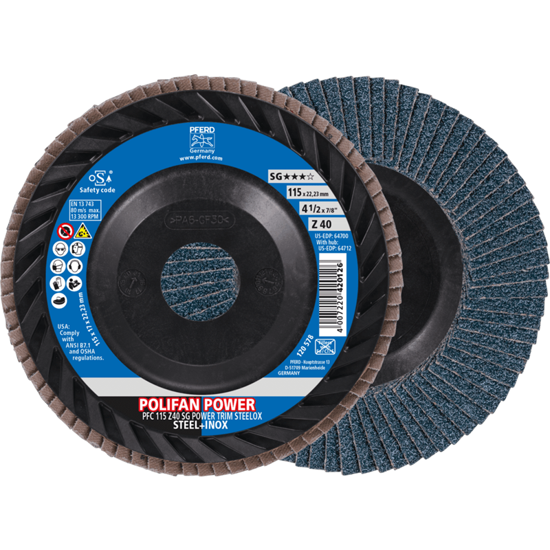 PFERD  Ściernica listkowa POLIFAN POWER PFC 115 x 22,23 mm stożkowa Z40 linia wydajna SG TRIM STEELOX do stali/stali szlachetnej
